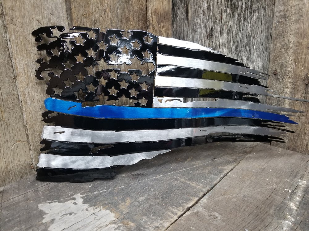 Policeman's Support Thin Blue Line Battle Flag Steel Sign - Click Image to Close